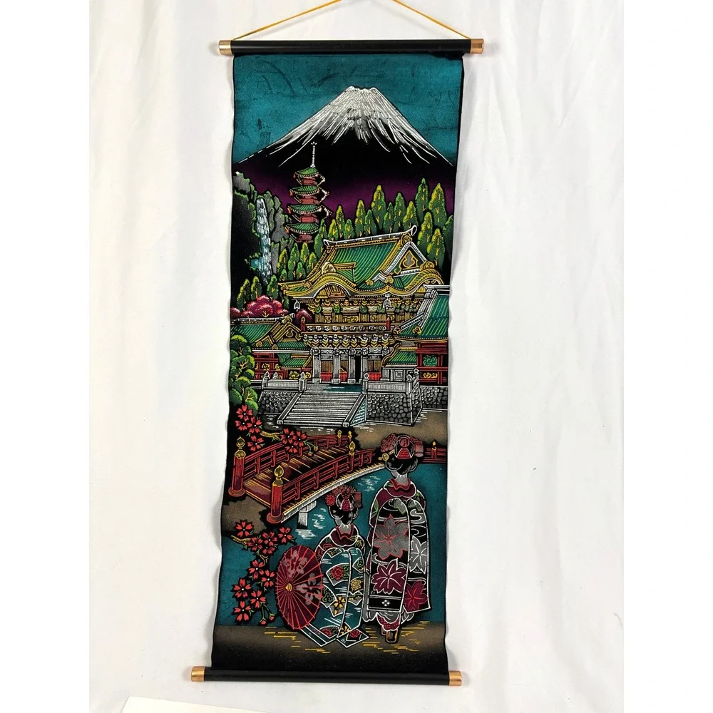 Vintage Japanese Velvet Wall Hanging Scroll Mount Fuji Pagoda Geisha Temple‎ Art